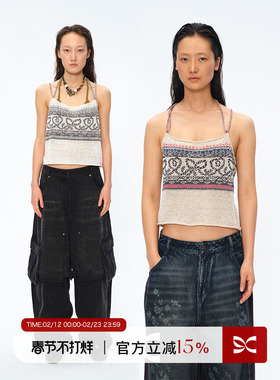 Square Circle 方圆针织提花挂脖陶瓷串珠抹胸短款背心吊带上衣