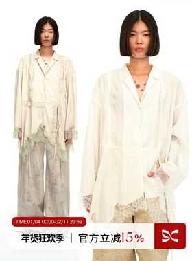 square circle方圆廓形不规则蕾丝设计感拼接砂洗天丝宽松衬衫