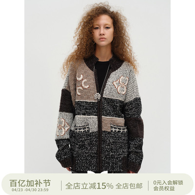 SQUARE CIRCLE 方圆绵羊毛拉链刺绣拼接秋冬复古圣诞大毛衣外套