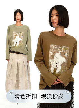 Square Circle方圆原创手绘小狗水洗印花宽松长袖百搭休闲T恤