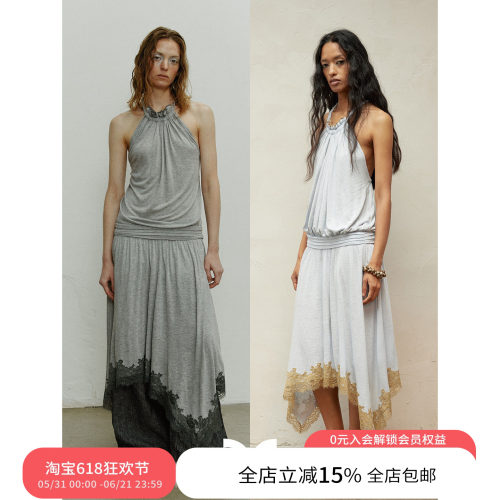 SQUARE CIRCLE 方圆撞色下摆挂脖堆褶春夏氛围感度假风低腰连衣裙