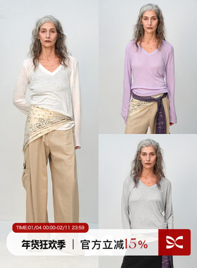 SQUARE CIRCLE 方圆亚麻棉基础V领微透百搭叠穿舒适休闲长袖T恤