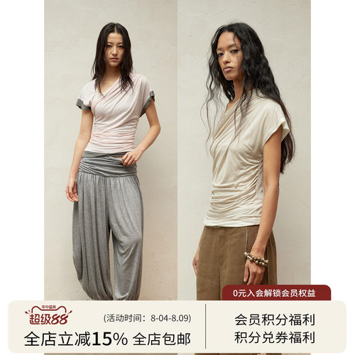 SQUARE CIRCLE 方圆春夏新中式拉链双层堆褶朦胧肌理感短袖上衣女