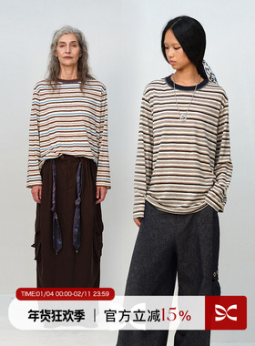 SQUARE CIRCLE 方圆撞色复古时髦条纹领口手工绣棉感长袖T恤