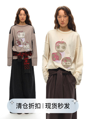 Square Circle方圆新年圣诞原创复古做旧苹果印花视觉显瘦长袖T恤