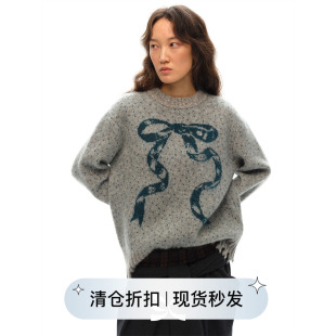 Square 口毛衣宽松慵懒 Circle方圆新年圣诞羊毛蝴蝶结图案提花袖