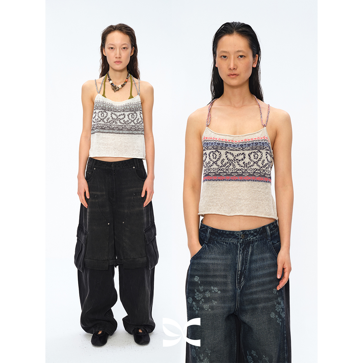 Square Circle 方圆针织提花挂脖陶瓷串珠抹胸短款背心吊带上衣