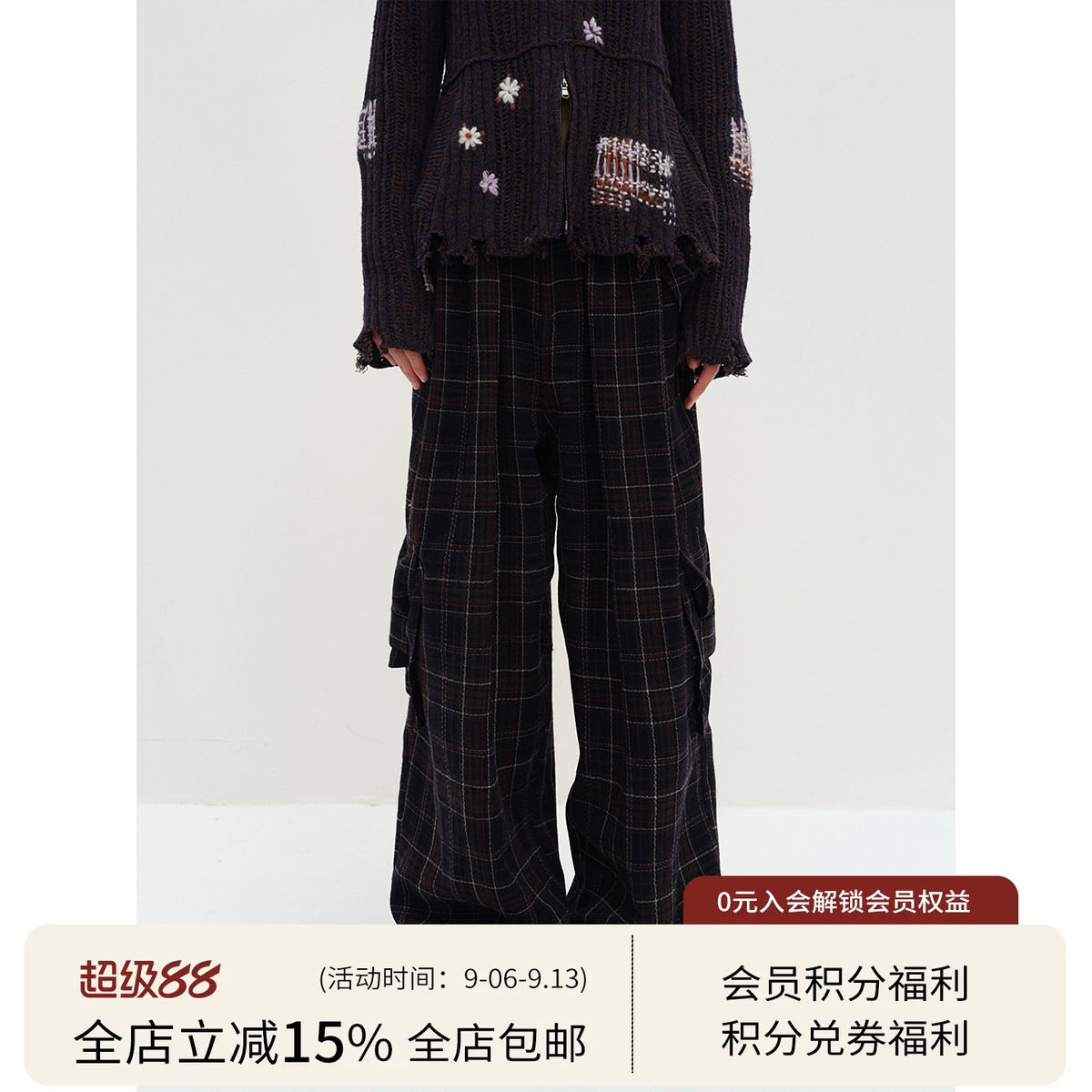 SQUARE CIRCLE 方圆羊毛呢格纹复古褶量感秋冬宽松休闲工装裤长裤图片