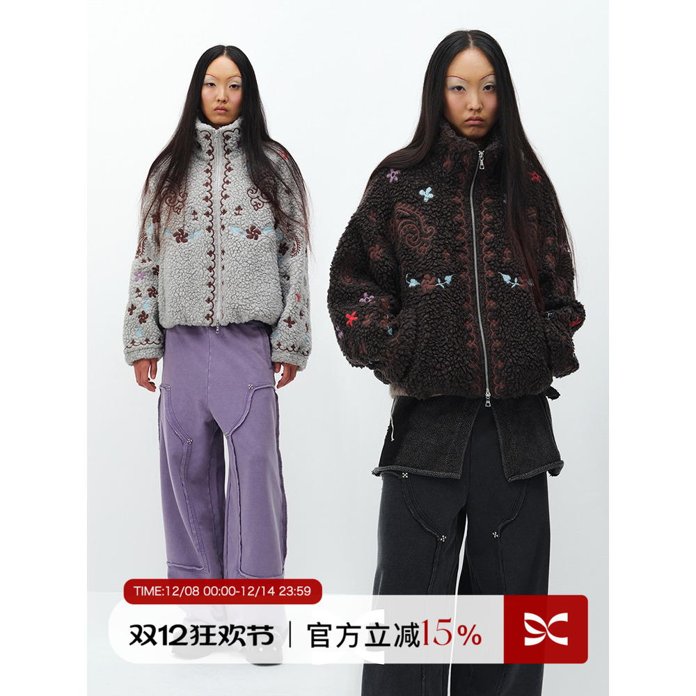 SQUARE CIRCLE 方圆花纹刺绣立领复古时髦羊羔绒摇粒绒保暖外套