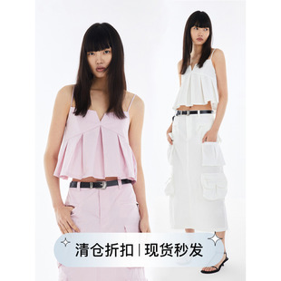 circle方圆休闲A摆压褶方领吊带小众设计感女夏短款 square 上衣