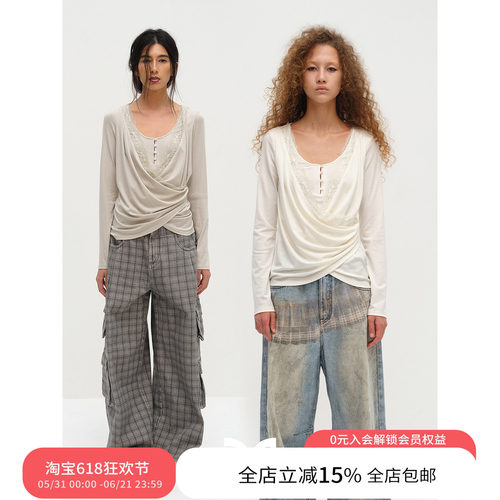 SQUARE CIRCLE 方圆天丝醋酸不规则荡领拼蕾丝收腰慵懒长袖T恤