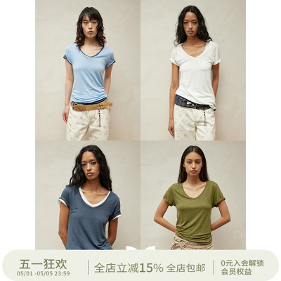 SQUARE CIRCLE 方圆亚麻多色基础V领休闲叠搭春季女短袖多色T恤