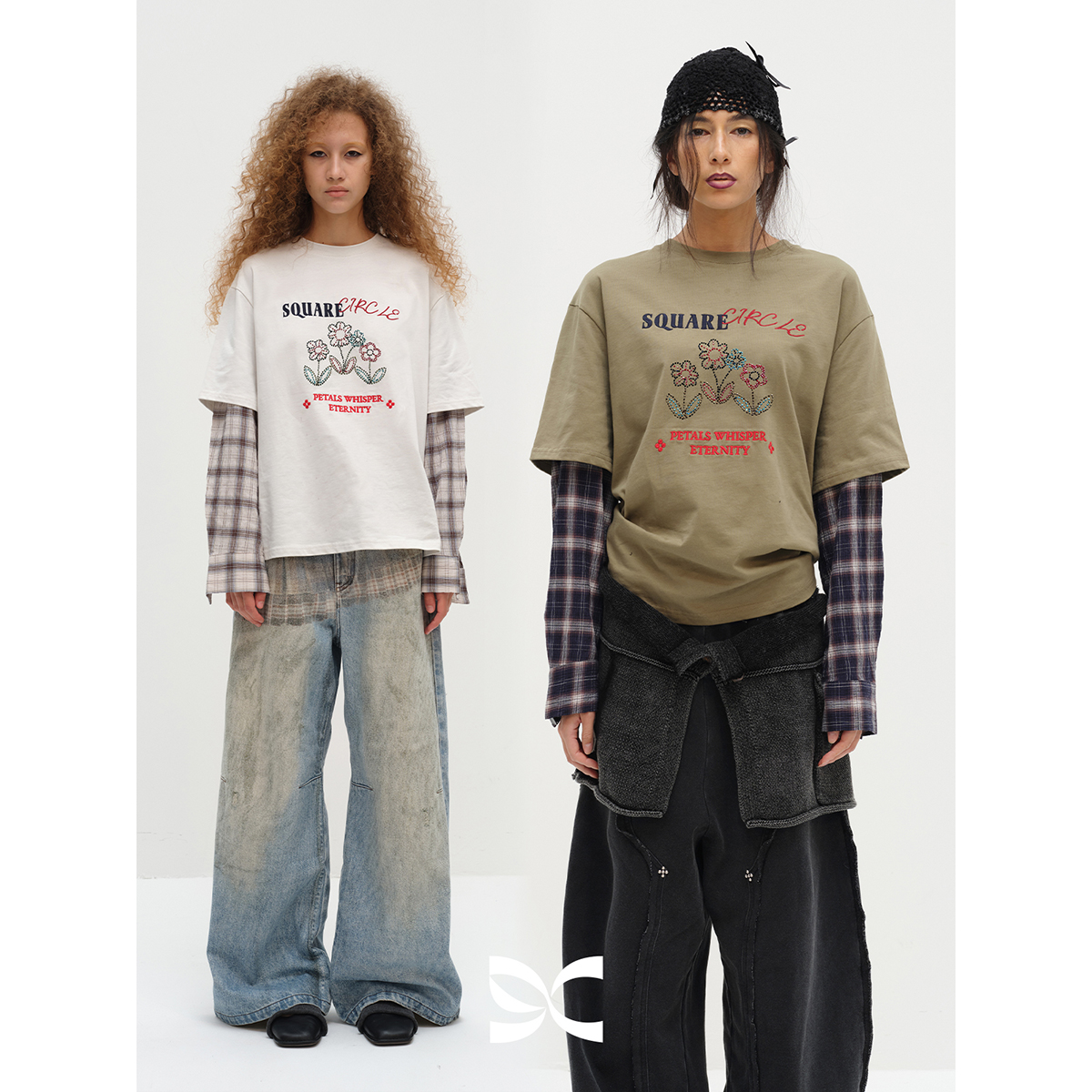 SQUARE CIRCLE 方圆街头感假两件米珠刺绣撞色格纹拼接长袖T恤