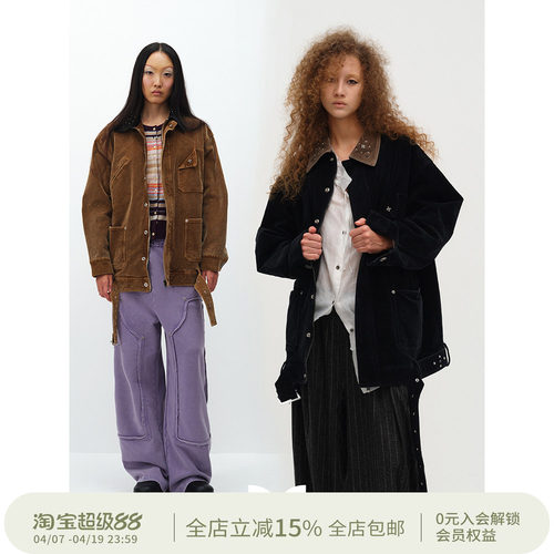 SQUARE CIRCLE 方圆设计感铆钉做旧灯芯绒翻领工装夹克棉服外套