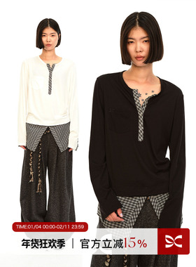 Square Circle方圆小众设计修身宽松显瘦气质拼接黑白格纹长袖