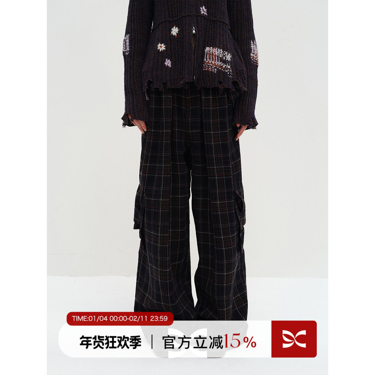 SQUARE CIRCLE 方圆羊毛呢格纹复古褶量感秋冬宽松休闲工装裤长裤,女装/女士精品,休闲裤,淘宝优惠券,粉丝福利购,淘宝优惠卷