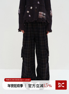 SQUARE CIRCLE 方圆羊毛呢格纹复古褶量感秋冬宽松休闲工装裤长裤