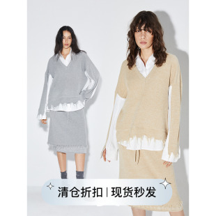 上衣半裙套装 拼接原创设计假两件长袖 circle方圆针织衬衫 square