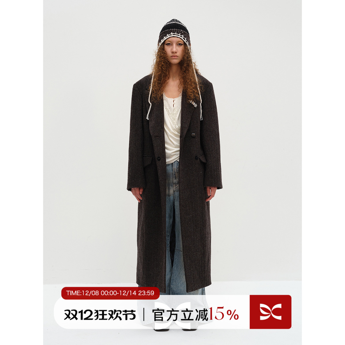 SQUARE CIRCLE 方圆羊毛立领绣花长款秋冬保暖毛呢大衣风衣外套