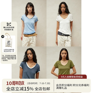 SQUARE CIRCLE 方圆亚麻多色基础V领休闲叠搭春季女短袖多色T恤