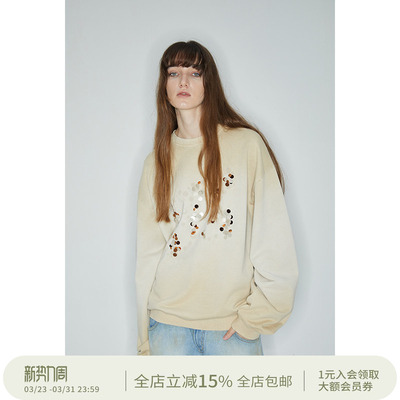 手工钉珠卡其色纯棉废土感卫衣