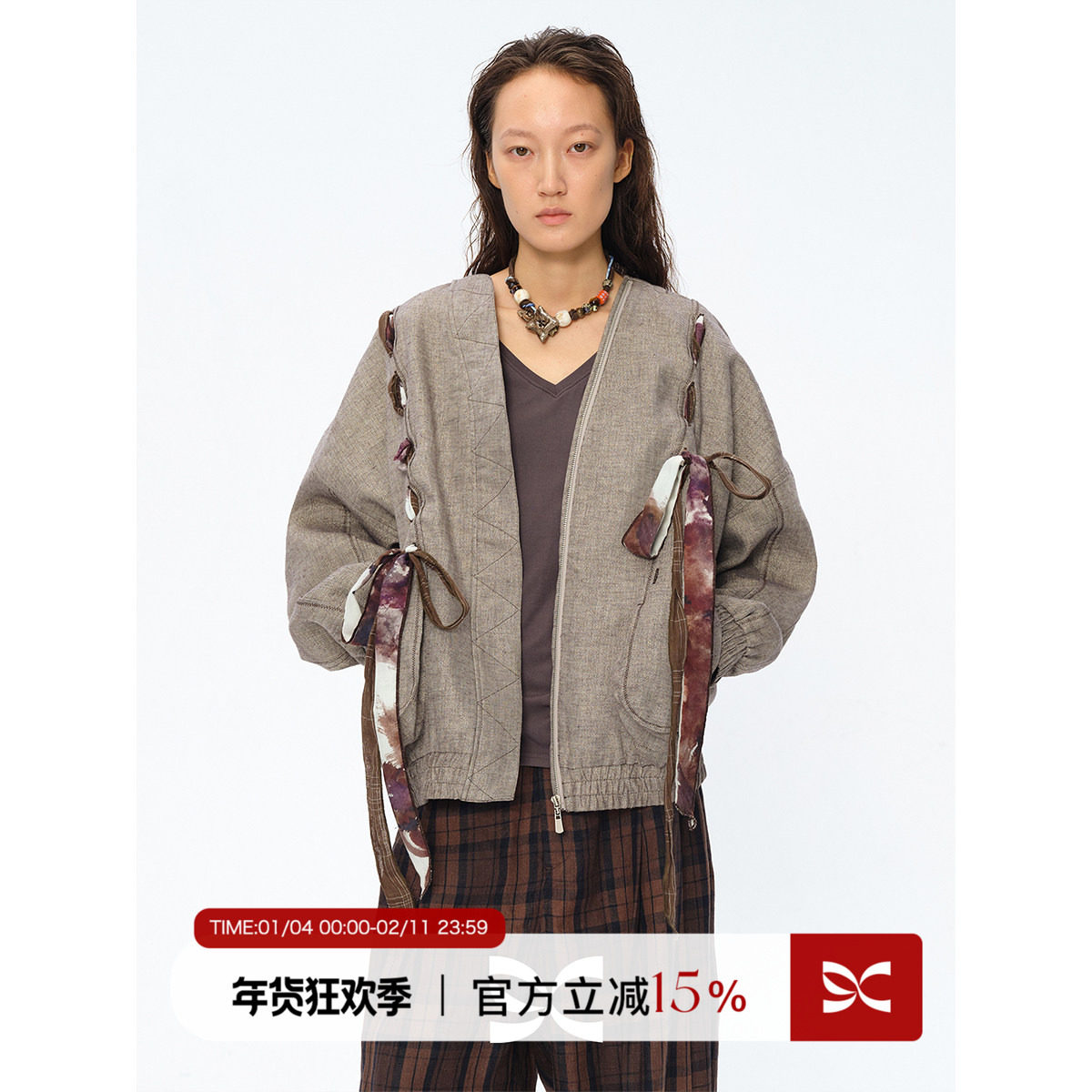 Square Circle 方圆【艺术家联名】印花穿绳飘带V领夹克拉链外套,女装/女士精品,短外套,淘宝优惠券,粉丝福利购,淘宝优惠卷