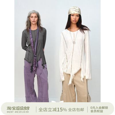 SQUARE CIRCLE 方圆设计感亚麻棉微透蕾丝拼接荷叶边下摆长袖T恤