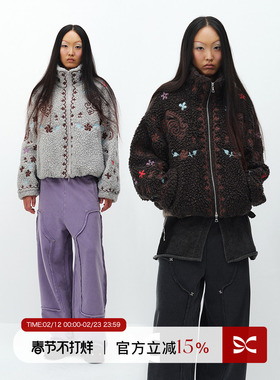 SQUARE CIRCLE 方圆花纹刺绣立领复古时髦羊羔绒摇粒绒保暖外套