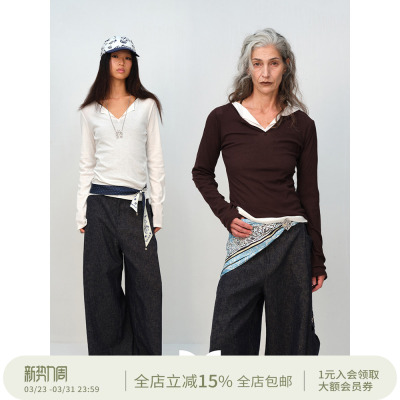 SQUARE CIRCLE 方圆全棉微透基础V领开领正肩修身显瘦长袖T恤