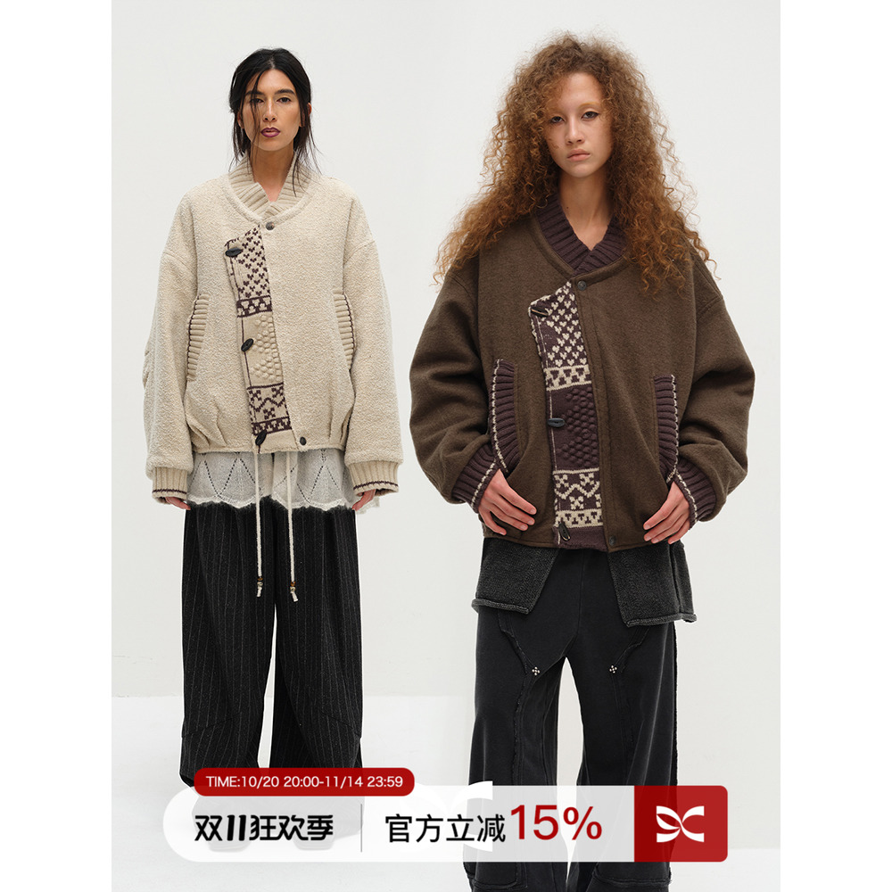 SQUARE CIRCLE 方圆设计感复古拼接费尔岛毛织肌理感时髦棉服外套
