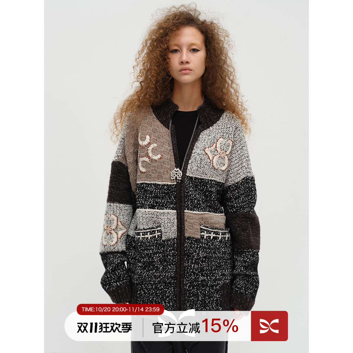 SQUARE CIRCLE 方圆绵羊毛拉链刺绣拼接秋冬复古圣诞大毛衣外套