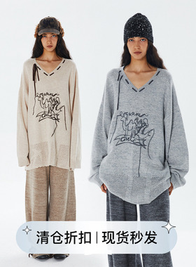 square circle 方圆 绵羊毛镂空下摆V领骆驼图案提花手工流苏毛衣