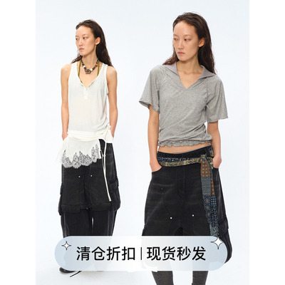 Square Circle 方圆可拆卸两穿铆钉水洗黑色牛仔五分裤弯刀长裤