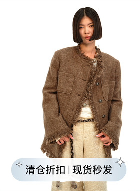 square circle方圆 亚麻羊毛设计感咖色毛须边流苏气质小香风外套