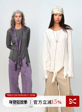 SQUARE CIRCLE 方圆设计感亚麻棉微透蕾丝拼接荷叶边下摆长袖T恤