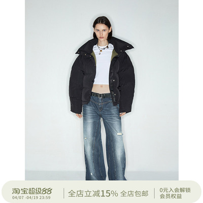 白鸭绒宽松短款加厚黑色羽绒服