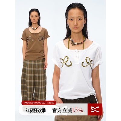 Square Circle 方圆设计感镂空蝴蝶结刺绣绣花领口毛边短袖T恤