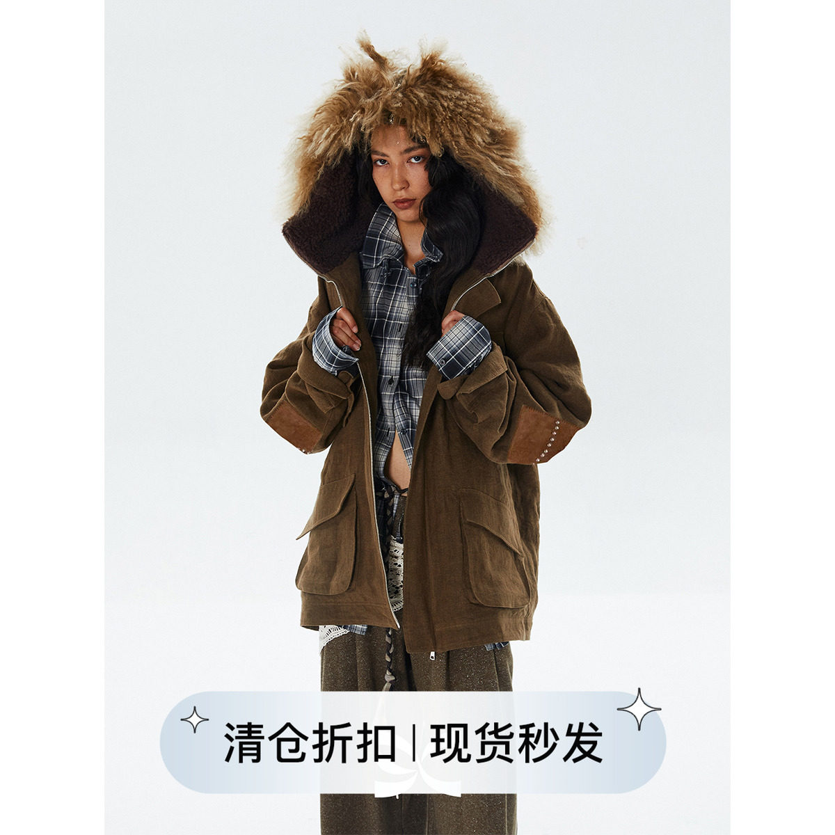 square circle 方圆羊毛连帽毛领格纹亚麻复古做旧水洗棉服外套,女装/女士精品,棉衣/棉服,淘宝优惠券,粉丝福利购,淘宝优惠卷