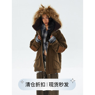 square 方圆羊毛连帽毛领格纹亚麻复古做旧水洗棉服外套 circle