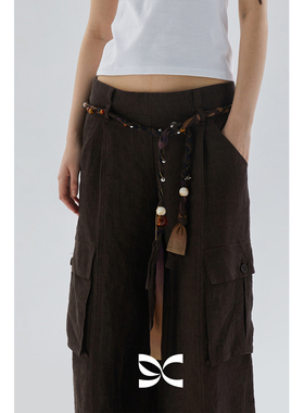 square circle方圆天然玛瑙散珠手工编织亚麻印花小众设计感腰带