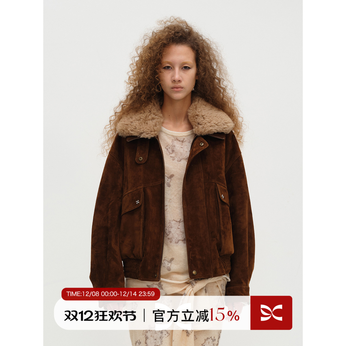 SQUARE CIRCLE 方圆可拆卸毛领两穿复古工装短款廓形麂皮夹克外套