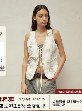 SQUARE CIRCLE 方圆亚麻十字绣不对称海洋印花拼接蕾丝马甲上衣女