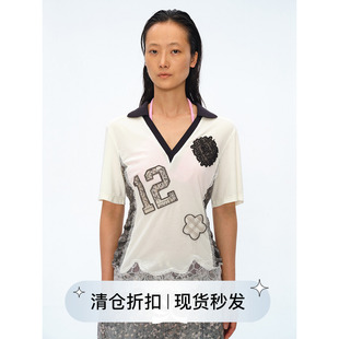 方圆设计感蕾丝拼接字母碎花贴布绣球衣T恤短袖 Circle Square