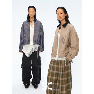 联名印花手工刺绣珠片系带夹克