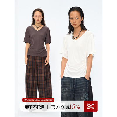 后背抽褶V领收腰显瘦短袖T恤