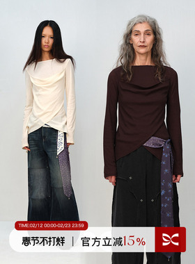 Square Circle 方圆设计感荡领不规则交叠下摆慵懒叠穿长袖T恤