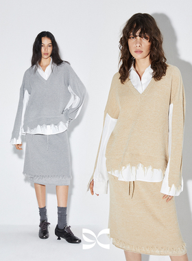 square circle方圆针织衬衫拼接原创设计假两件长袖上衣半裙套装