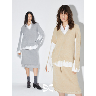 上衣半裙套装 拼接原创设计假两件长袖 circle方圆针织衬衫 square