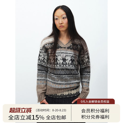 SQUARE CIRCLE 方圆马海毛V领费尔岛提花冬季新款宽松长袖毛衣