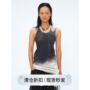 Square Circle 方圆不规则设计感碎花印染蓝晒修身针织背心上衣